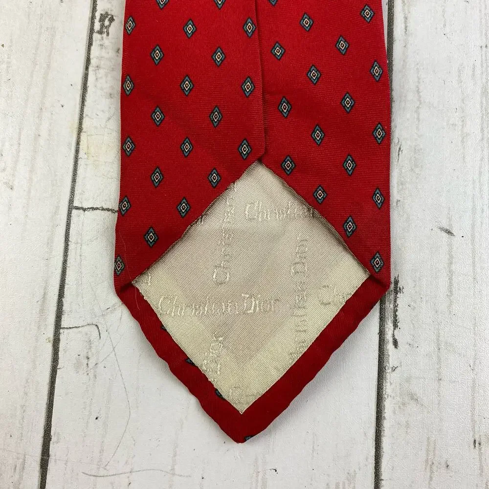 VTG Christian Dior Paris New York Red Silk Diamond Pattern Neck Tie Business